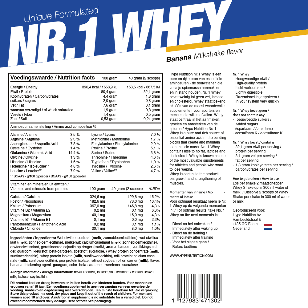Nr.1 Whey Protein 2000g Banaan Milkshake poeder voor spierherstel en spiergroei