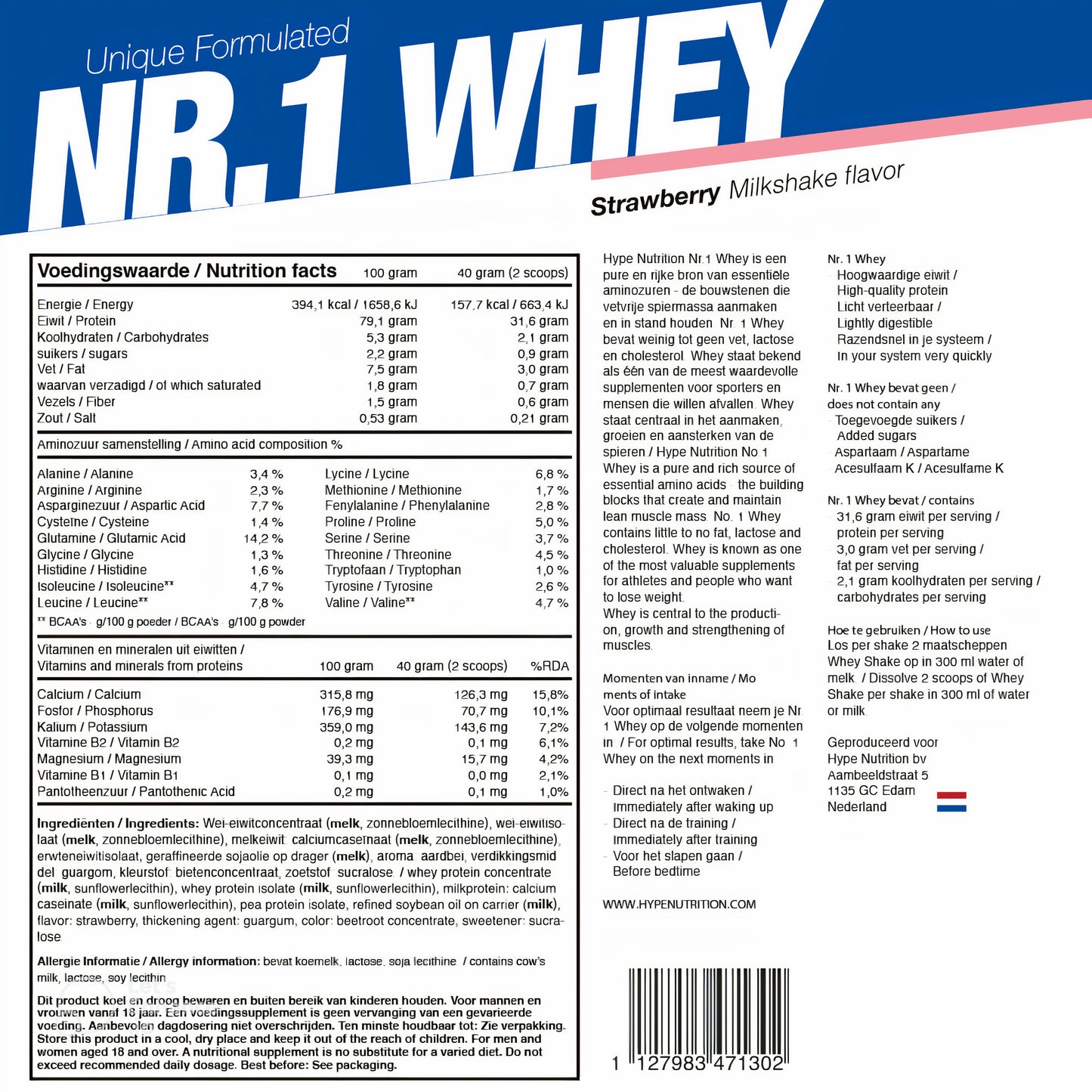 Nr.1 Whey Protein 2000g Aardbei Milkshake poeder voor spierherstel en spiergroei
