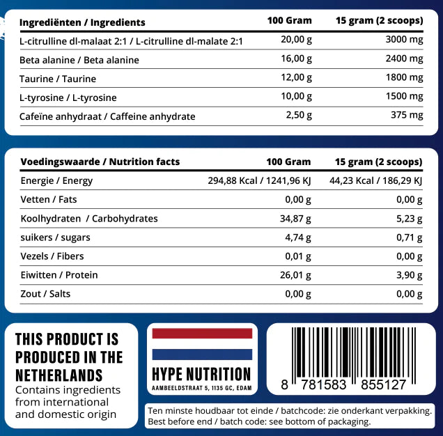 Pre Workout HYPE Classic Pina Banana Colada poeder voor energie, focus en pomp